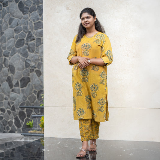 Mustard Floral Kurta & Pant Set