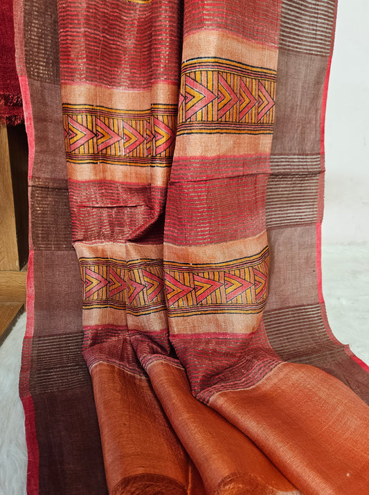 Radiant Maroon & Beige Tissue Silk Saree with Geometric Patterns
