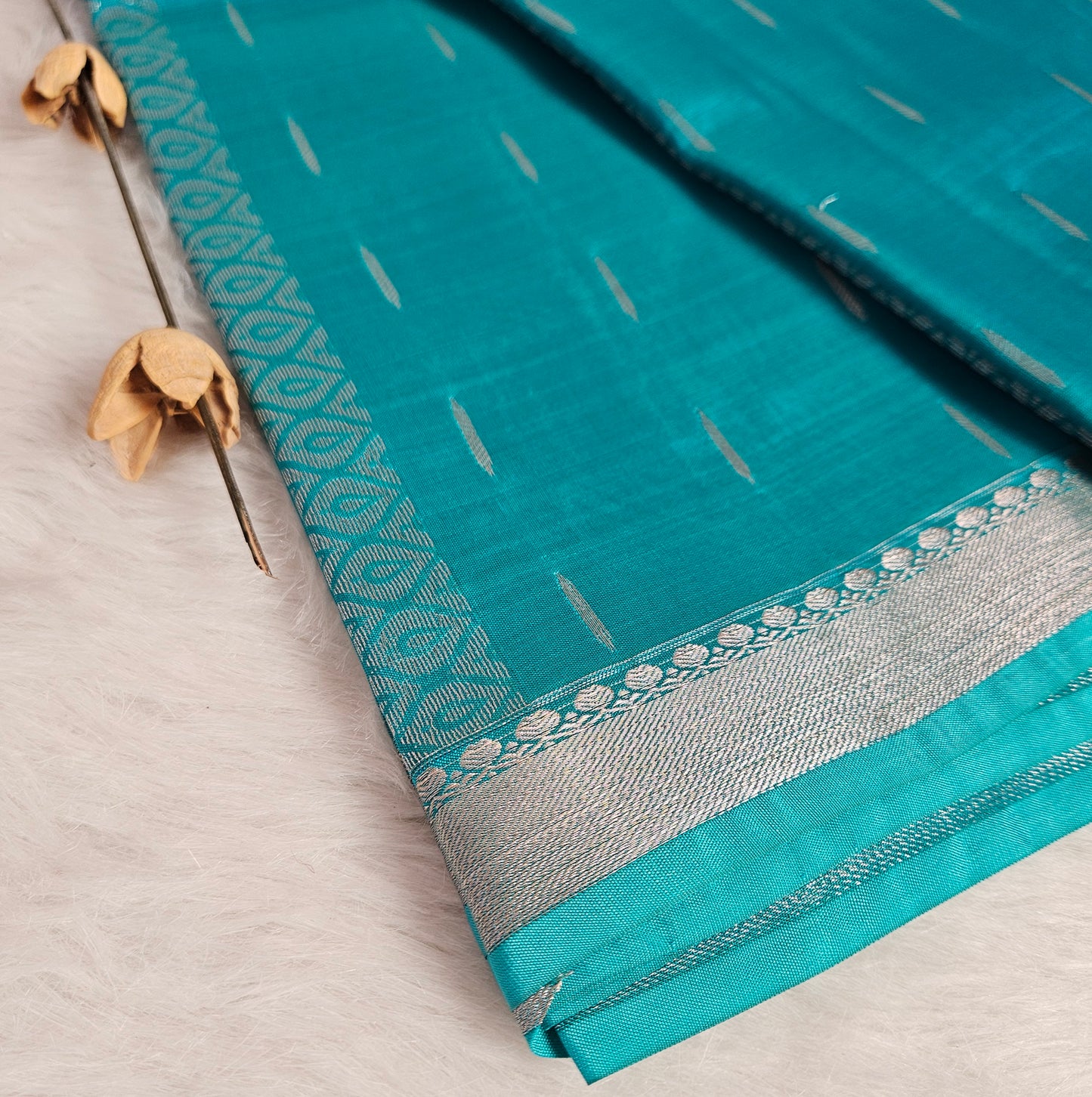 Exquisite Teal Blue Saree with Silver Dot Motifs & Intricate Border