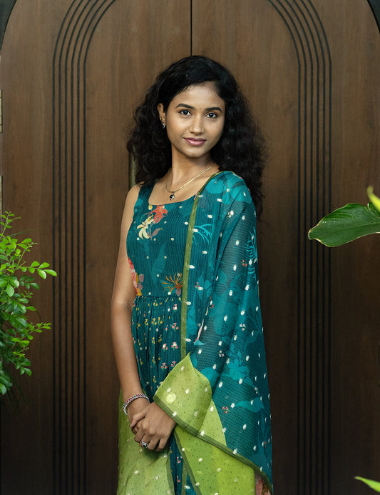 Teal Floral Organza Anarkali Set