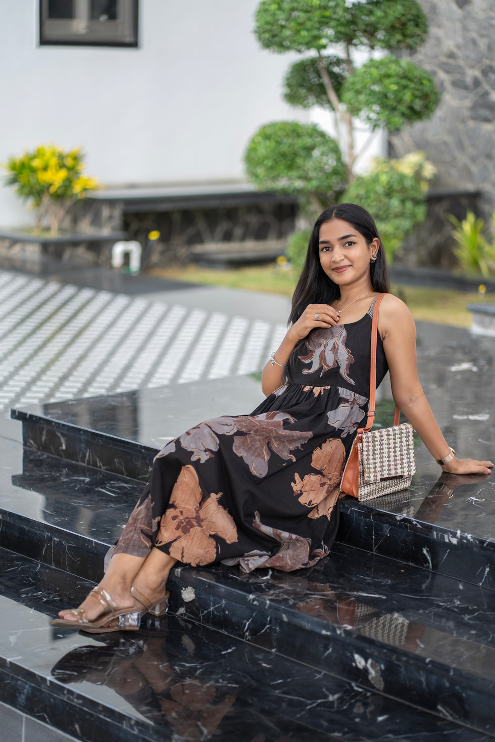 Black Floral Sleeveless Cotton Dress
