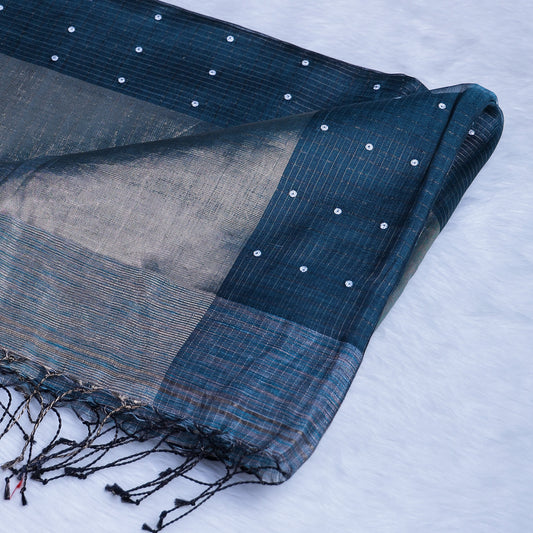 Deep Teal & Golden Tissue Silk Saree with Polka Dot & Zari Weave