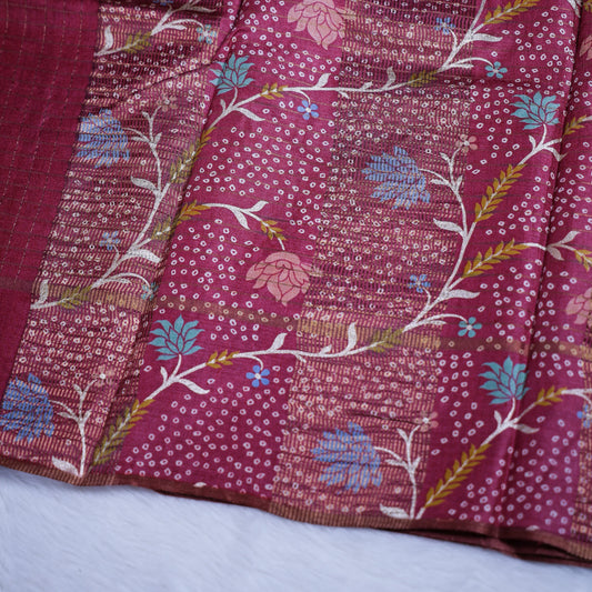 Enchanting Maroon Tissue Silk Saree with Floral Vines & Bandhani Dots