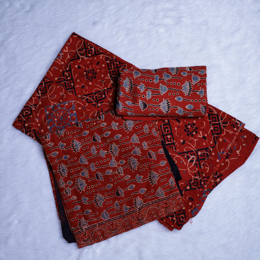 Rustic Red Hand-Printed Chudi Set with Lotus & Geometric Motifs