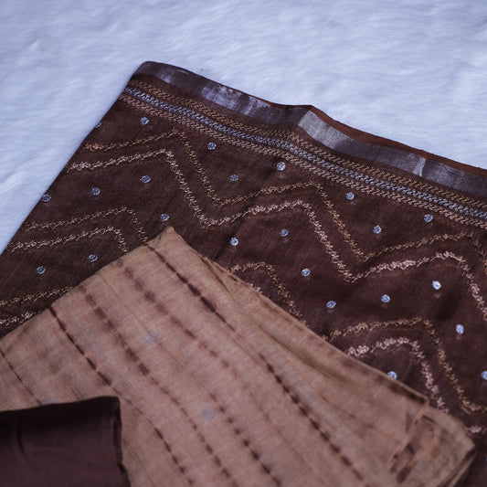 Earthy Brown Linen Chudi Set with Zigzag Zari & Tie-Dye Dupatta