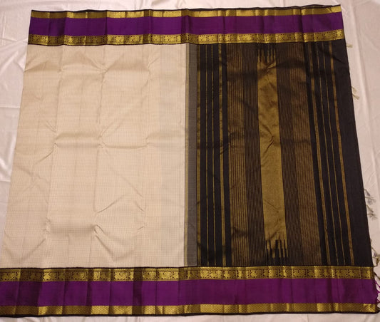 Elegant Beige Micro-Check Saree with Majestic Purple Gold Zari Border