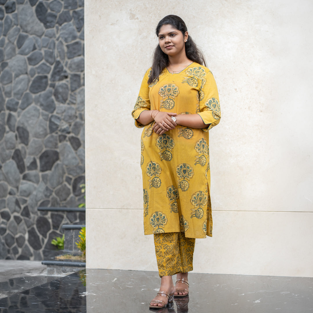 Mustard Floral Kurta & Pant Set