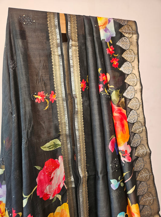 Black Floral Printed Saree with Golden Zari Border