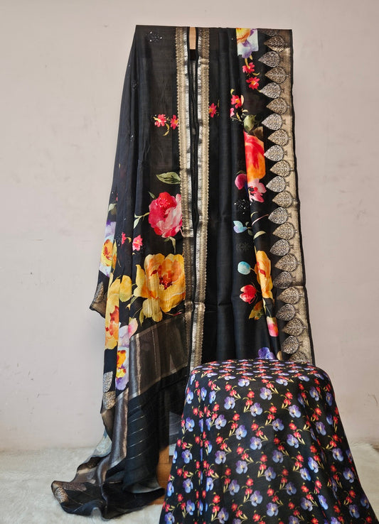 Black Floral Printed Saree with Golden Zari Border