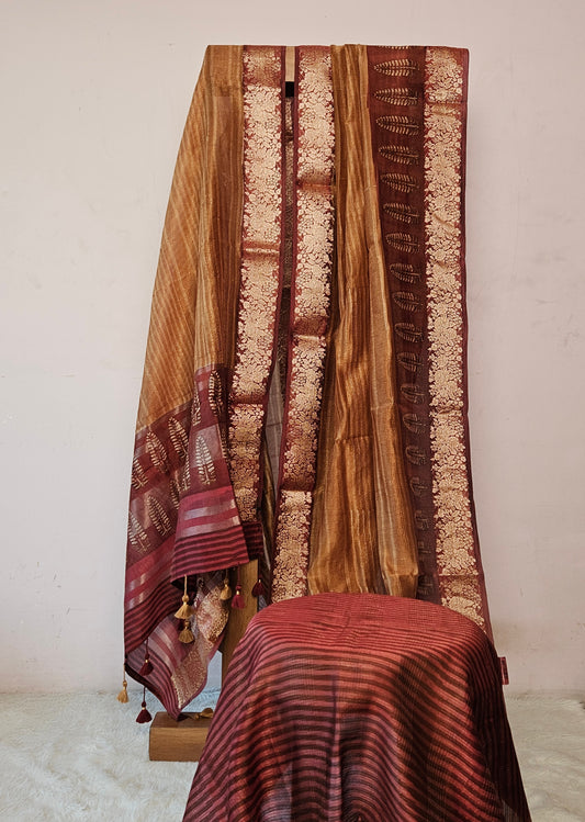 Golden & Maroon Zari Woven Saree with Rich Floral Border