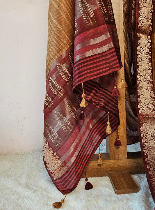 Golden & Maroon Zari Woven Saree with Rich Floral Border