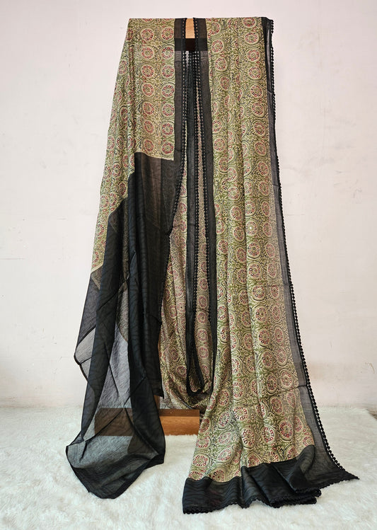 Elegant Handblock-Style Printed Saree with Black Organza Pallu