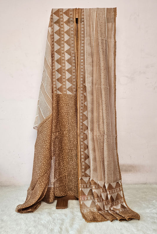 Earthy Brown Handblock-Style Printed Saree with Tribal Motifs