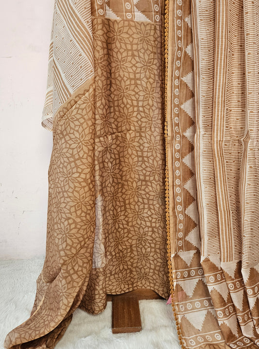 Earthy Brown Handblock-Style Printed Saree with Tribal Motifs