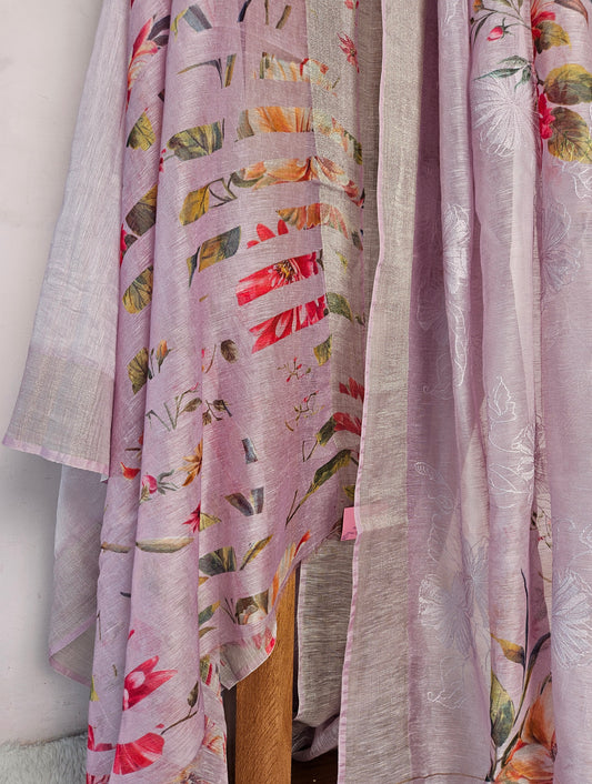 Elegant Lavender Floral Linen Saree with Delicate Weave