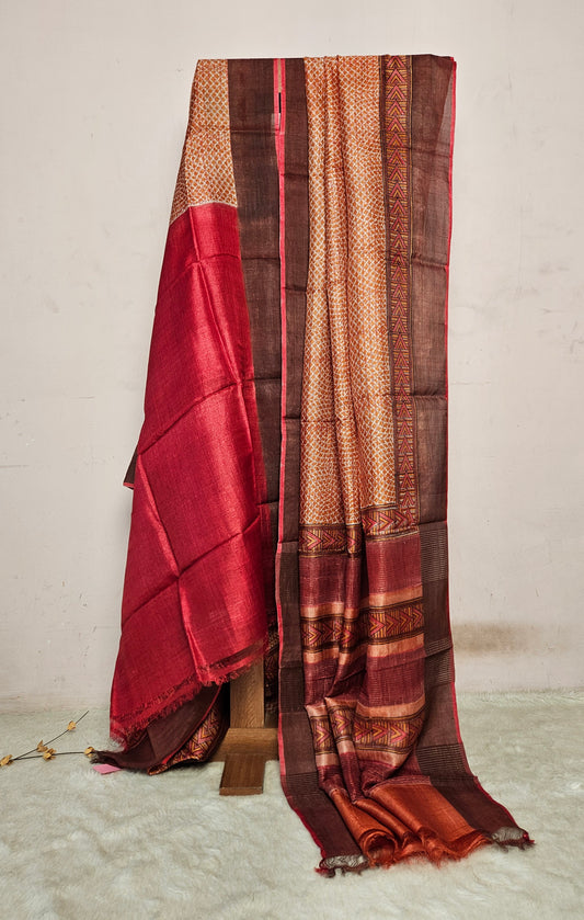 Radiant Maroon & Beige Tissue Silk Saree with Geometric Patterns