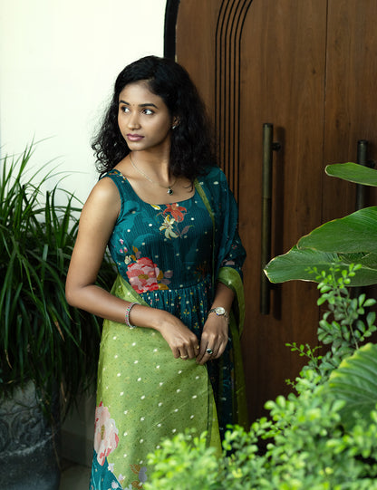 Teal Floral Organza Anarkali Set