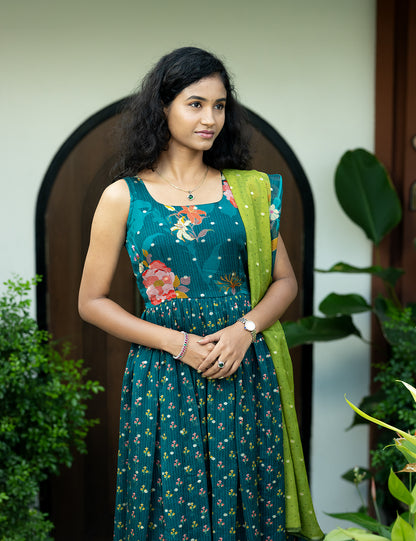 Teal Floral Organza Anarkali Set