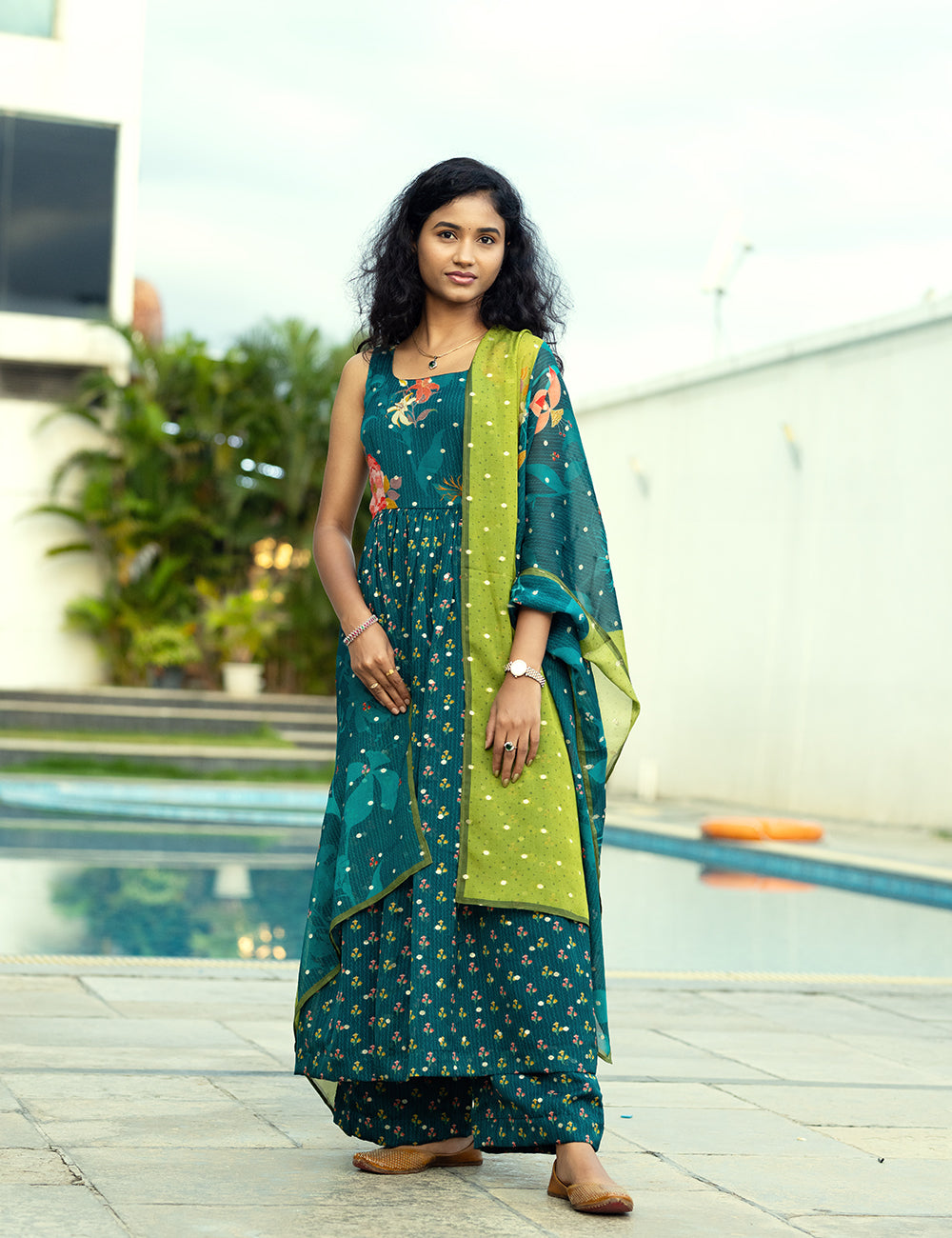 Teal Floral Organza Anarkali Set