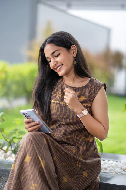 Earth Brown Checked Maxi Dress