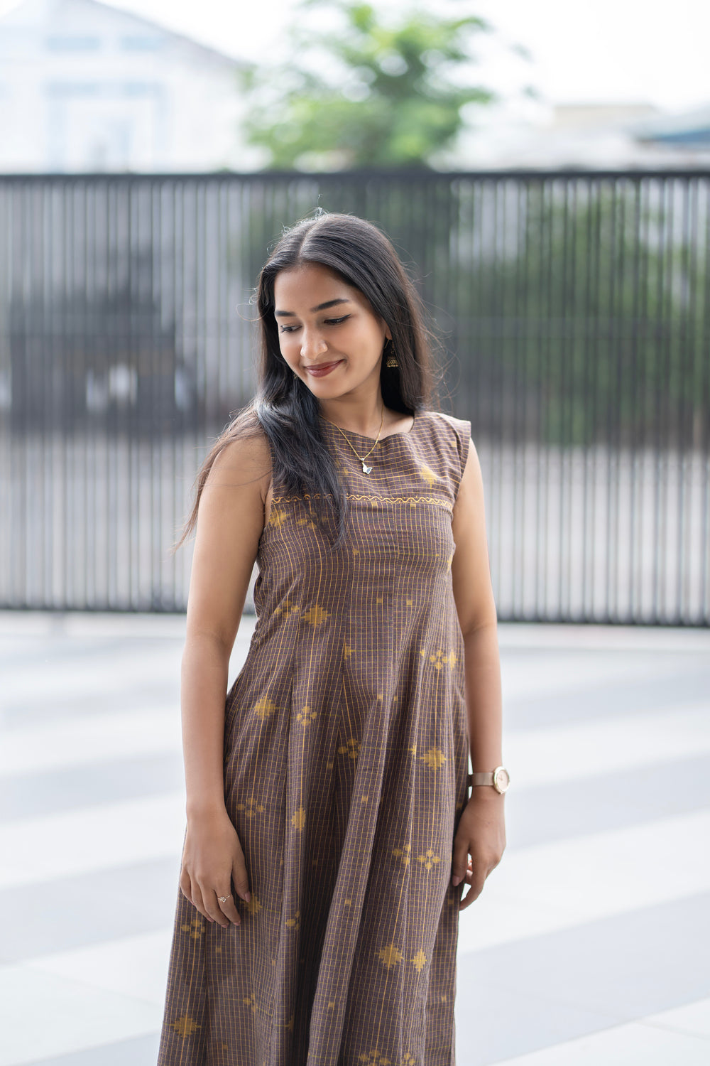 Earth Brown Checked Maxi Dress