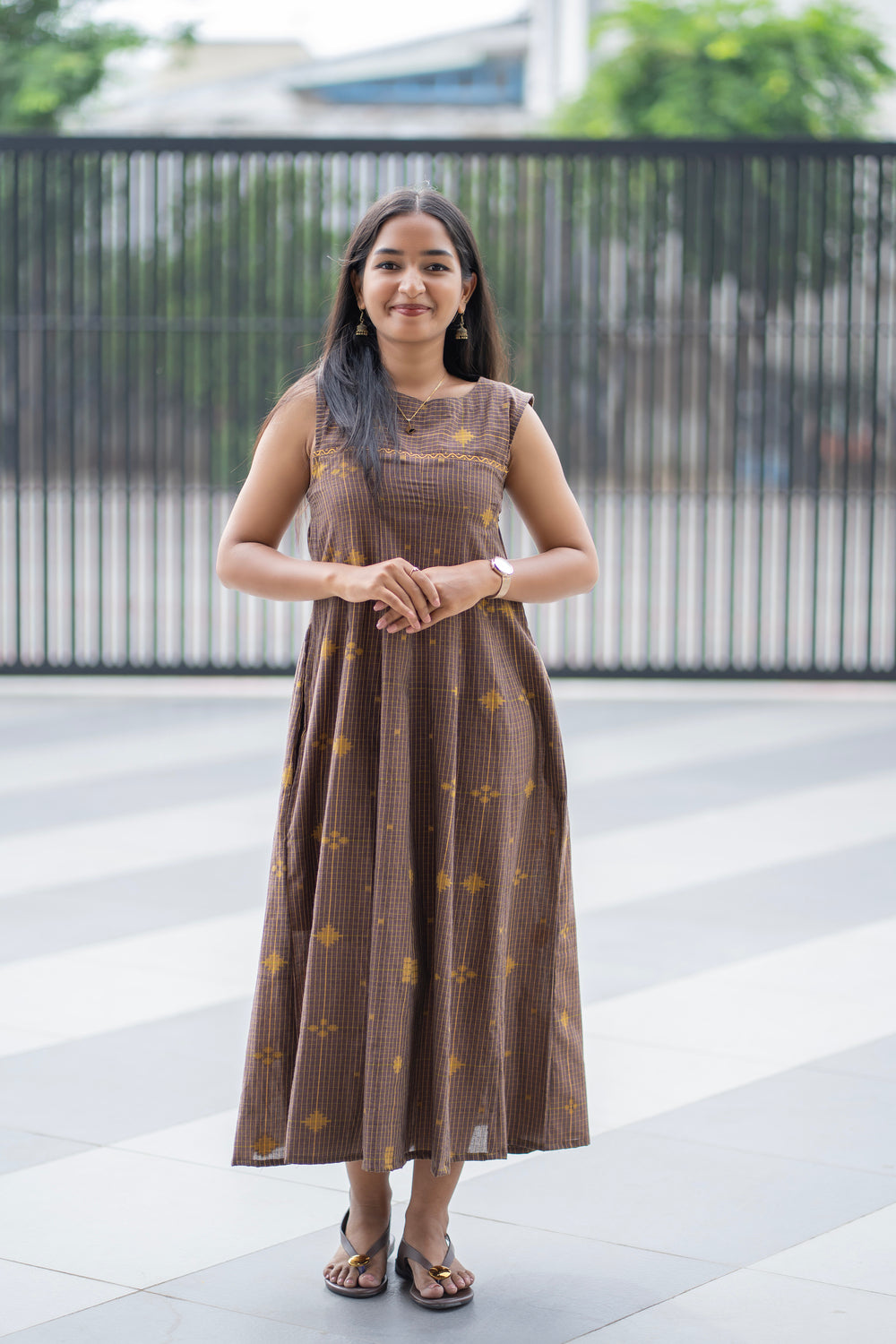 Earth Brown Checked Maxi Dress