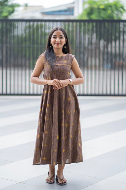 Earth Brown Checked Maxi Dress
