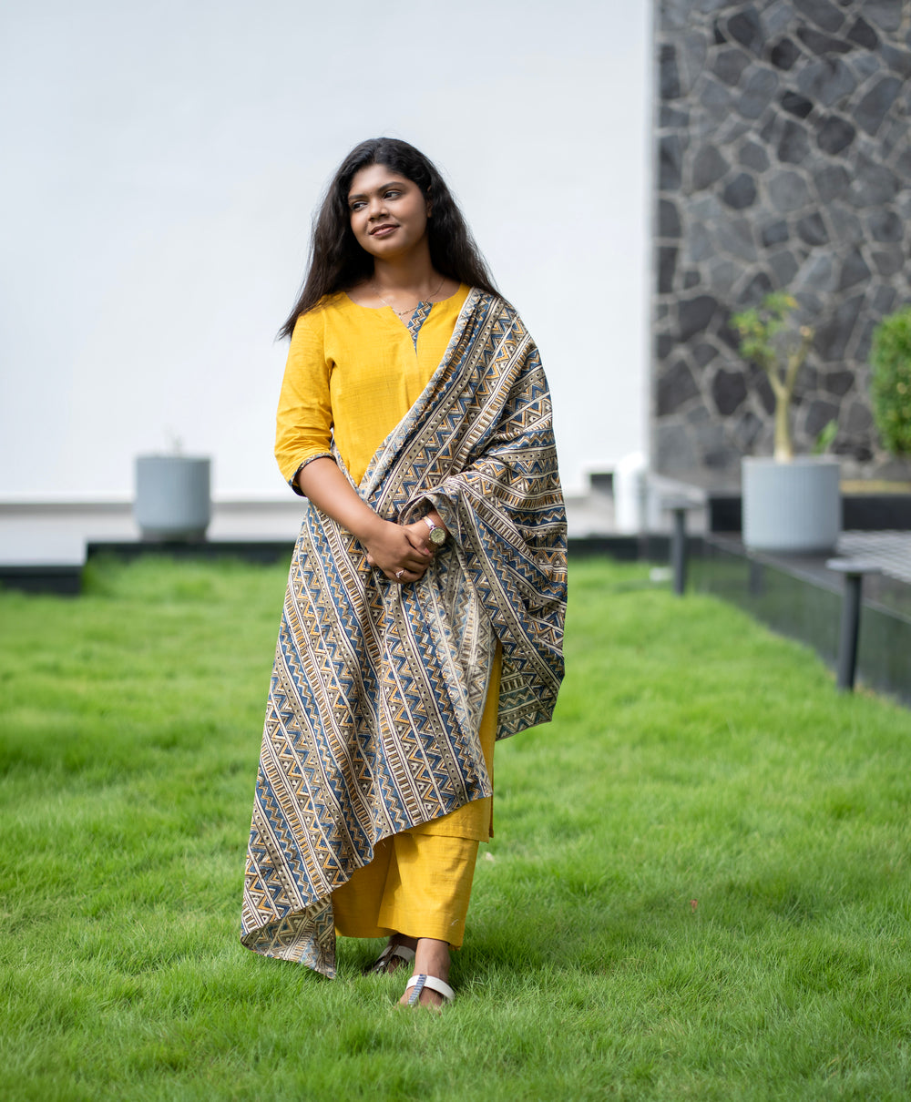 Mustard Kurta Set with Printed Dupatta