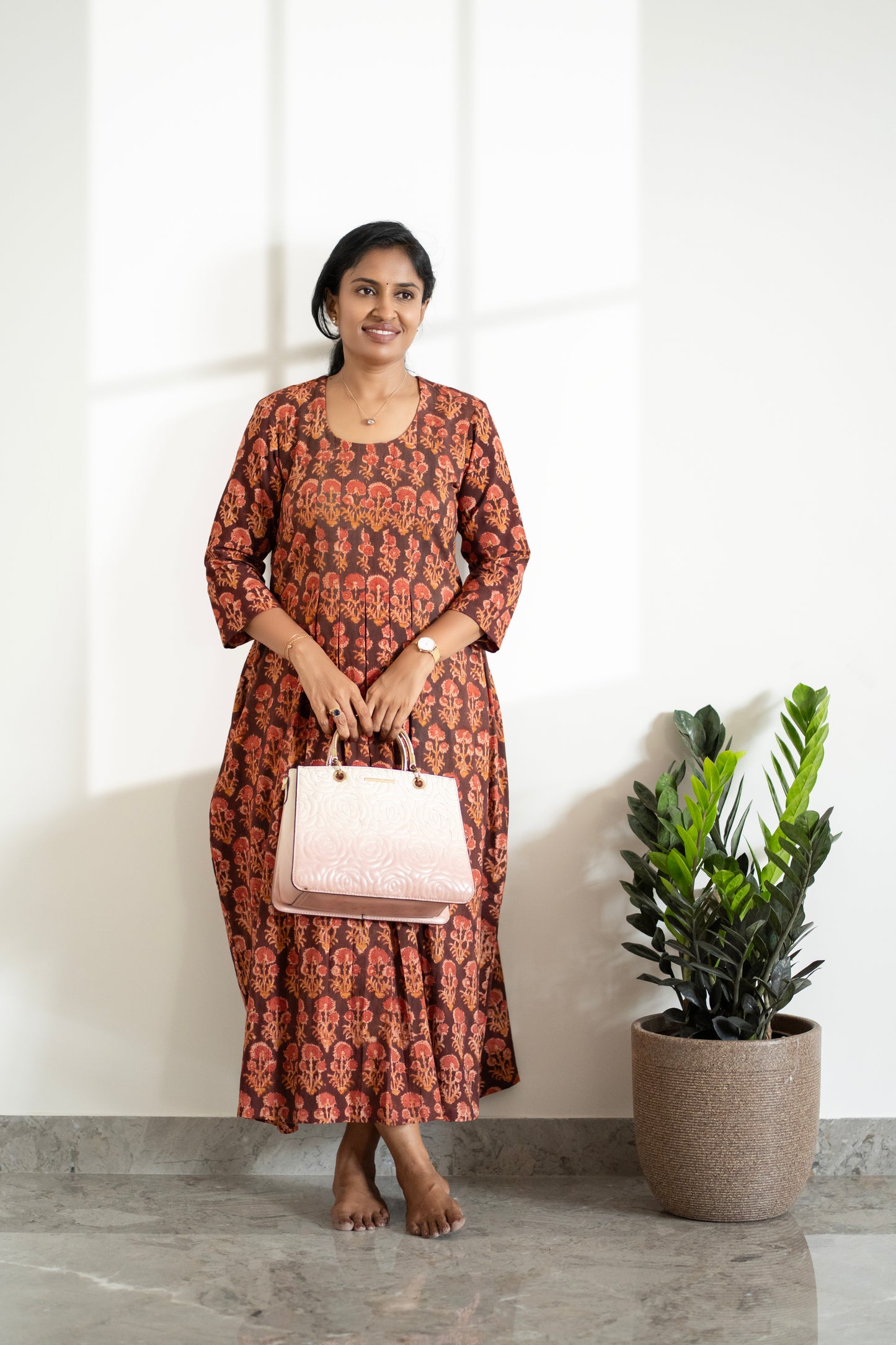 Rust & Earth-Toned Hand Block Printed Anarkali Dress