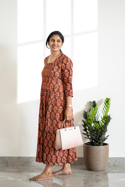 Rust & Earth-Toned Hand Block Printed Anarkali Dress