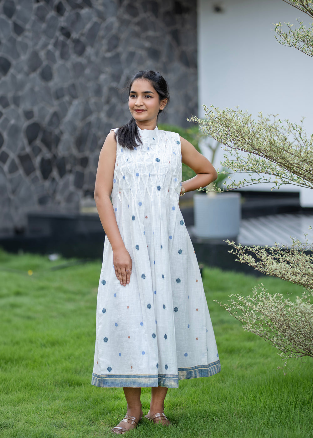 Ivory Smocked Sleeveless Midi Dress