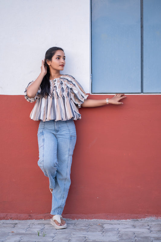 Geometric Stripe Puff Sleeve Top