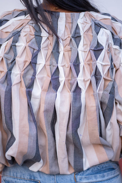 Geometric Stripe Puff Sleeve Top