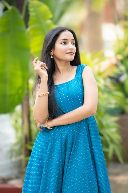 Vibrant Peacock Blue Foil-Printed Anarkali Dress