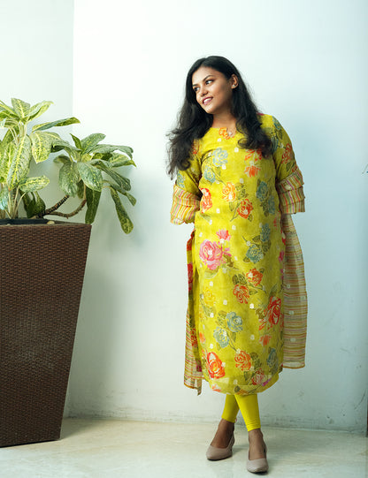 Lime Yellow Floral Kurti & Dupatta