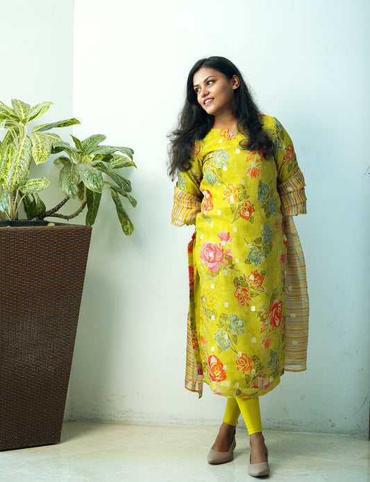 Lime Yellow Floral Kurti & Dupatta