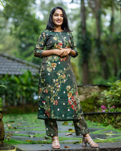 Royal Green Floral Shimmer Organza Co-Ord