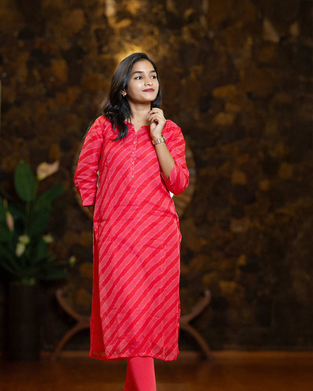 Bright Pink Striped Banaras Kurti