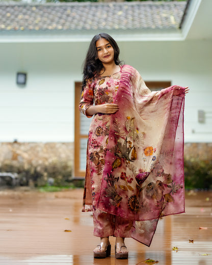 Vintage Floral Organza Kurti Set