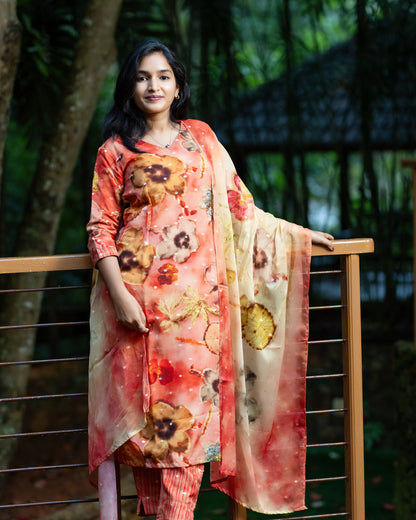 Coral Floral Print Organza Kurti Set