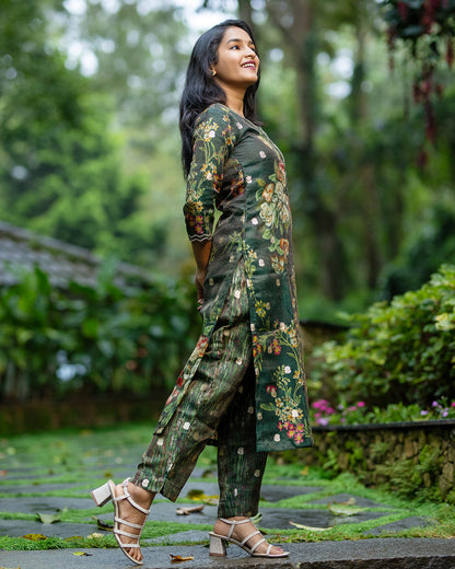 Royal Green Floral Shimmer Organza Co-Ord