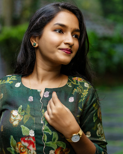 Royal Green Floral Shimmer Organza Co-Ord