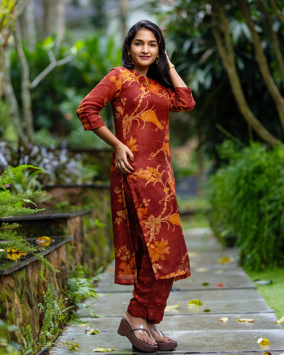 Rust Floral Banarasi Burberry Co-Ord
