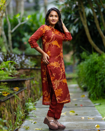 Rust Floral Banarasi Burberry Co-Ord