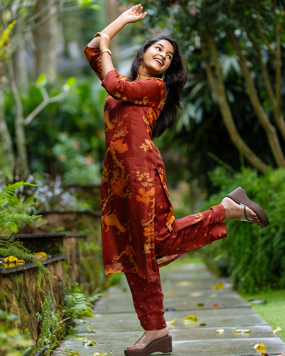 Rust Floral Banarasi Burberry Co-Ord