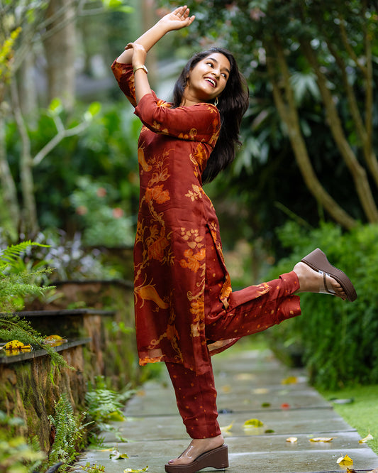 Rust Floral Banarasi Burberry Co-Ord