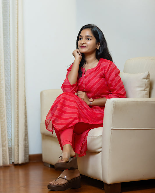 Bright Pink Striped Banaras Kurti