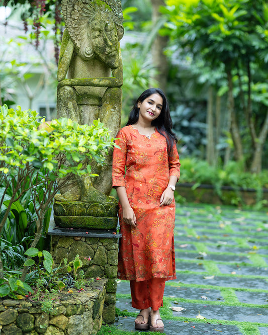 Orange Floral Banarasi Printed Co-ord Set