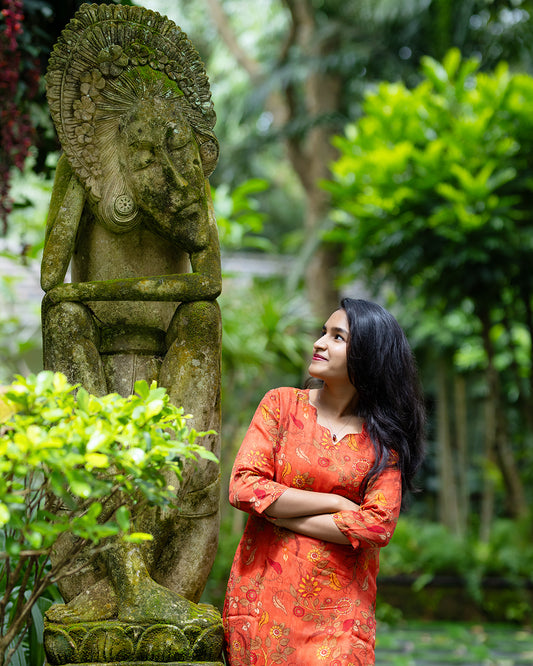 Orange Floral Banarasi Printed Co-ord Set