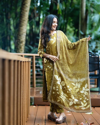 Olive Green Pure Organza Kurti Set